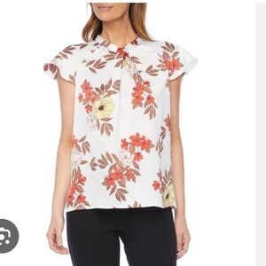 Liz Claiborne Floral Blouse with Red and Yellow Hues, Like New